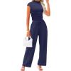 imageXIEERDUO Two Piece Lounge Sets for Women Mock Neck Cap Sleeve Tops Wide Leg Casual Pants Summer Beach Vacation Travel OutfitDark Blue