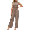 imageXIEERDUO Two Piece Lounge Sets for Women Mock Neck Cap Sleeve Tops Wide Leg Casual Pants Summer Beach Vacation Travel OutfitKhaki