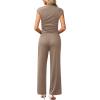 imageXIEERDUO Two Piece Lounge Sets for Women Mock Neck Cap Sleeve Tops Wide Leg Casual Pants Summer Beach Vacation Travel OutfitKhaki