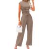 imageXIEERDUO Two Piece Lounge Sets for Women Mock Neck Cap Sleeve Tops Wide Leg Casual Pants Summer Beach Vacation Travel OutfitKhaki