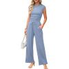 imageXIEERDUO Two Piece Lounge Sets for Women Mock Neck Cap Sleeve Tops Wide Leg Casual Pants Summer Beach Vacation Travel OutfitBlue