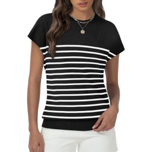 imageWomens Tops Summer Sweaters Short Sleeve Shirts Dressy Casual Basic Casual Cap Sleeve Tops Beach Vacation ClothesBlack White