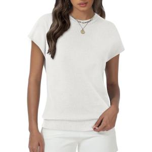 imageWomens Tops Summer Sweaters Short Sleeve Shirts Dressy Casual Basic Casual Cap Sleeve Tops Beach Vacation ClothesWhite