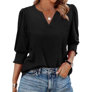imageXIEERDUO Blouses for Women Dressy Casual 34 Length Sleeve Womens Tops V Neck T Shirts with Smocked CuffsAblack