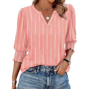 imageXIEERDUO Blouses for Women Dressy Casual 34 Length Sleeve Womens Tops V Neck T Shirts with Smocked CuffsEpink Stripes
