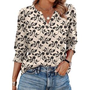 imageXIEERDUO Blouses for Women Dressy Casual 34 Length Sleeve Womens Tops V Neck T Shirts with Smocked CuffsFblack Floral