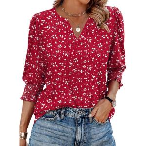 imageXIEERDUO Blouses for Women Dressy Casual 34 Length Sleeve Womens Tops V Neck T Shirts with Smocked CuffsGred Dots