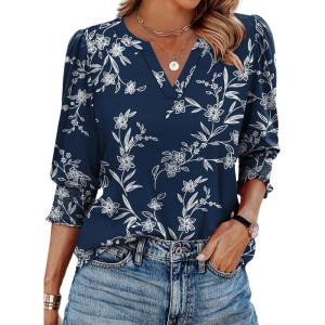 imageXIEERDUO Blouses for Women Dressy Casual 34 Length Sleeve Womens Tops V Neck T Shirts with Smocked CuffsHdark Navy Floral