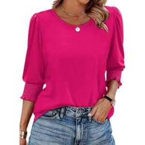 imageXIEERDUO Blouses for Women Dressy Casual 34 Length Sleeve Womens Tops with Smocked CuffsEhot Pink