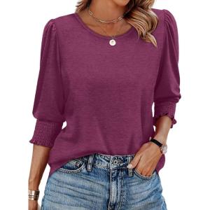 imageXIEERDUO Blouses for Women Dressy Casual 34 Length Sleeve Womens Tops with Smocked CuffsEpurple Red