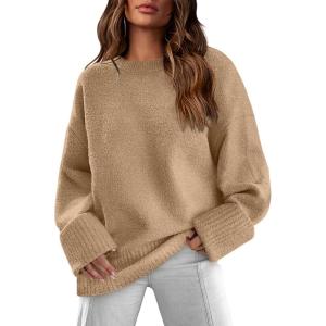 imageXIEERDUO Oversized Sweaters for Women Crewneck Long Sleeve Fuzzy Knit Warm Pullover SweaterAkhaki