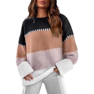 imageXIEERDUO Oversized Sweaters for Women Crewneck Long Sleeve Fuzzy Knit Warm Pullover SweaterBbcolor Block1