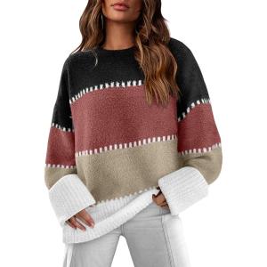 imageXIEERDUO Oversized Sweaters for Women Crewneck Long Sleeve Fuzzy Knit Warm Pullover SweaterBbcolor Block3