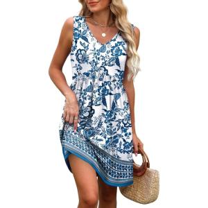 imageXIEERDUO Summer Dresses for Women 2025 Casual Dress V Neck Swimsuit Coverup Beach Vacation Clothes FashionBlue Print