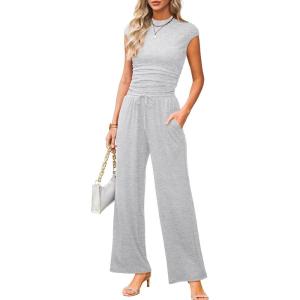 imageXIEERDUO Two Piece Lounge Sets for Women Mock Neck Cap Sleeve Tops Wide Leg Casual Pants Summer Beach Vacation Travel OutfitGrey