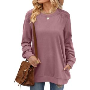imageXIEERDUO Womens Crewneck Sweatshirt Pockets Oversized Fleece Long Sleeve Fall Tunic Tops