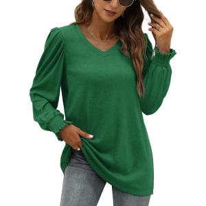 imageXIEERDUO Womens Long Sleeve Tops V Neck 2024 Fall Ruffle Puff Sleeve Cute Tunic shirts DressyGreen