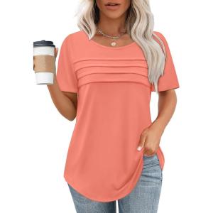 imageXIEERDUO Womens Pleated Tops Dressy Casual Short Sleeve TShirts Fashion Blouses Loose Curved Hem Long Tunic S3XLCoral