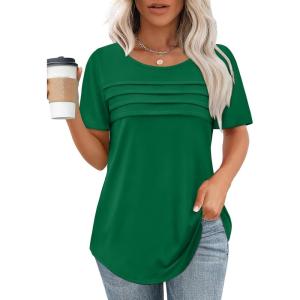 imageXIEERDUO Womens Pleated Tops Dressy Casual Short Sleeve TShirts Fashion Blouses Loose Curved Hem Long Tunic S3XLGreen