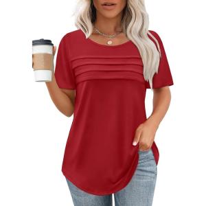 imageXIEERDUO Womens Pleated Tops Dressy Casual Short Sleeve TShirts Fashion Blouses Loose Curved Hem Long Tunic S3XLRed
