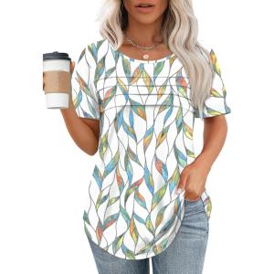 imageXIEERDUO Womens Pleated Tops Dressy Casual Short Sleeve TShirts Fashion Blouses Loose Curved Hem Long Tunic S3XLZ Floral Leaf