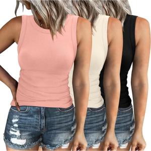 imageXIEERDUO Womens Summer Tank Tops Racerback High Neck Basic Casual Slim Fit Sleeveless 3 Pack053 Pack Black Beige Pink