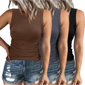 imageXIEERDUO Womens Summer Tank Tops Racerback High Neck Basic Casual Slim Fit Sleeveless 3 Pack053 Pack Black Brown Grey
