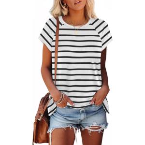imageXIEERDUO Womens T Shirts Crew Neck Raglan Short Sleeve Shirts Fashion OutfitsStriped Black White