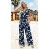 imageXIEERDUO 2 Piece Sets For Women Summer Outfits 2025 Beach Vacation Clothes Travel Outfits V Neck Crop Tops Wide Leg Pant SetsFloral Blue