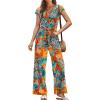 imageXIEERDUO 2 Piece Sets For Women Summer Outfits 2025 Beach Vacation Clothes Travel Outfits V Neck Crop Tops Wide Leg Pant SetsFloral Orange