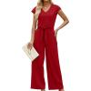 imageXIEERDUO 2 Piece Sets For Women Summer Outfits 2025 Beach Vacation Clothes Travel Outfits V Neck Crop Tops Wide Leg Pant SetsRed