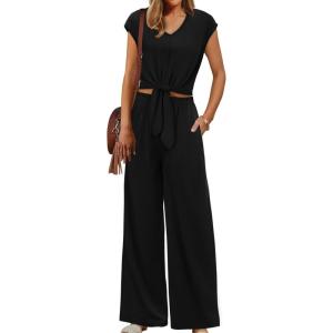 imageXIEERDUO 2 Piece Sets For Women Summer Outfits 2025 Beach Vacation Clothes Travel Outfits V Neck Crop Tops Wide Leg Pant SetsBlack