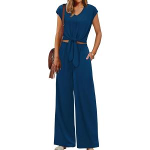 imageXIEERDUO 2 Piece Sets For Women Summer Outfits 2025 Beach Vacation Clothes Travel Outfits V Neck Crop Tops Wide Leg Pant SetsBlue Navy
