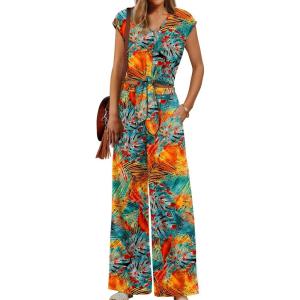 imageXIEERDUO 2 Piece Sets For Women Summer Outfits 2025 Beach Vacation Clothes Travel Outfits V Neck Crop Tops Wide Leg Pant SetsFloral Orange