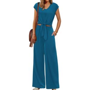 imageXIEERDUO 2 Piece Sets For Women Summer Outfits 2025 Beach Vacation Clothes Travel Outfits V Neck Crop Tops Wide Leg Pant SetsGreen Blue