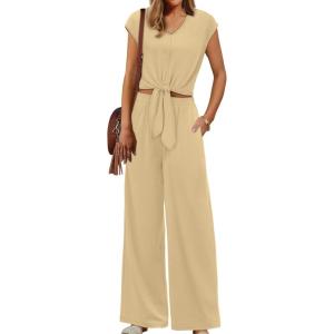 imageXIEERDUO 2 Piece Sets For Women Summer Outfits 2025 Beach Vacation Clothes Travel Outfits V Neck Crop Tops Wide Leg Pant SetsKhaki