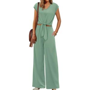 imageXIEERDUO 2 Piece Sets For Women Summer Outfits 2025 Beach Vacation Clothes Travel Outfits V Neck Crop Tops Wide Leg Pant SetsLight Green