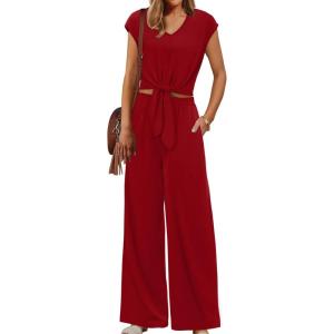 imageXIEERDUO 2 Piece Sets For Women Summer Outfits 2025 Beach Vacation Clothes Travel Outfits V Neck Crop Tops Wide Leg Pant SetsRed