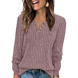 imageXIEERDUO Sweater for Women Long Sleeve Henley Shirts Tunic Tops to Wear with Leggings crew neck Sweaters Trendy 2024Rosy Brown