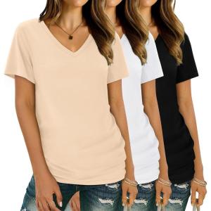 imageXIEERDUO Womens T Shirts V Neck Summer Tops Basic Short Sleeve Shirts 2 Pack3 Pack3 Pack ApricotBlackWhite