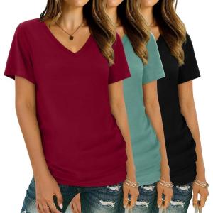 imageXIEERDUO Womens T Shirts V Neck Summer Tops Basic Short Sleeve Shirts 2 Pack3 Pack3 Pack BlackBurgundyGreen