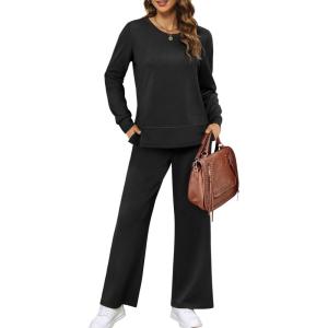 imageXIEERDUO Womens 2 Piece Lounge Sets Casual Fall Travel Outfits Fashion Wide Leg Tracksuit Cozy Sweatsuits S3XLA Black