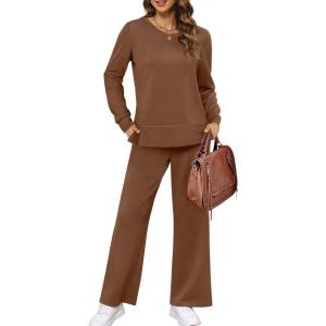 imageXIEERDUO Womens 2 Piece Lounge Sets Casual Fall Travel Outfits Fashion Wide Leg Tracksuit Cozy Sweatsuits S3XLC Brown