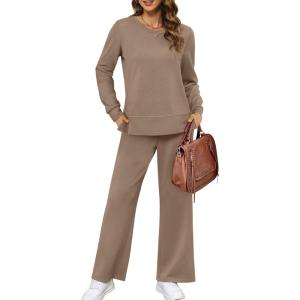 imageXIEERDUO Womens 2 Piece Lounge Sets Casual Fall Travel Outfits Fashion Wide Leg Tracksuit Cozy Sweatsuits S3XLO Coffee