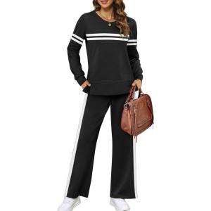 imageXIEERDUO Womens 2 Piece Lounge Sets Casual Fall Travel Outfits Fashion Wide Leg Tracksuit Cozy Sweatsuits S3XLZ Black White