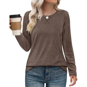 imageXIEERDUO Womens Long Sleeve Shirts Casual Fall Fashion Crewneck Tops Loose Fit LightweightCoffee