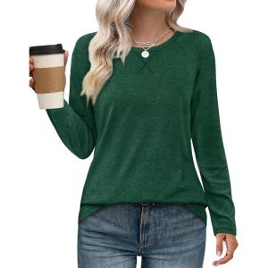 imageXIEERDUO Womens Long Sleeve Shirts Casual Fall Fashion Crewneck Tops Loose Fit LightweightDark Green