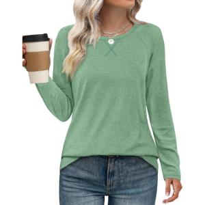 imageXIEERDUO Womens Long Sleeve Shirts Casual Fall Fashion Crewneck Tops Loose Fit LightweightLight Green