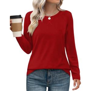 imageXIEERDUO Womens Long Sleeve Shirts Casual Fall Fashion Crewneck Tops Loose Fit LightweightRed