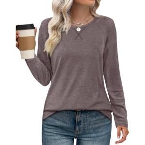 imageXIEERDUO Womens Long Sleeve Shirts Casual Fall Fashion Crewneck Tops Loose Fit LightweightTaupe